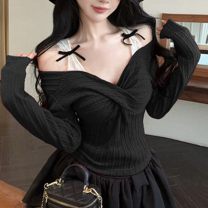 Bow-Detail Lace And Knit Layered-Look Top