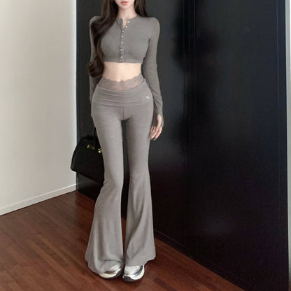 Sexy Long-Sleeved Top And High-Waisted Slightly Flared Casual Pants Two-Piece Set