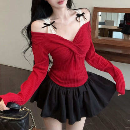 Bow-Detail Lace And Knit Layered-Look Top