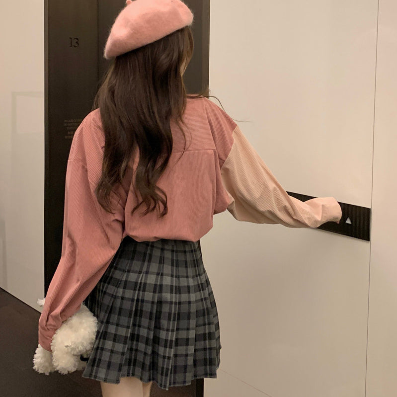 Retro Embroidered Corduroy Color-Blocked Tie Shirt