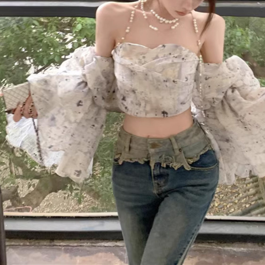 French Floral Puff Sleeve Sexy Shirt