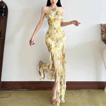Fashion Irregular Slit Halter Neck Tie Sleeveless Floral Dress