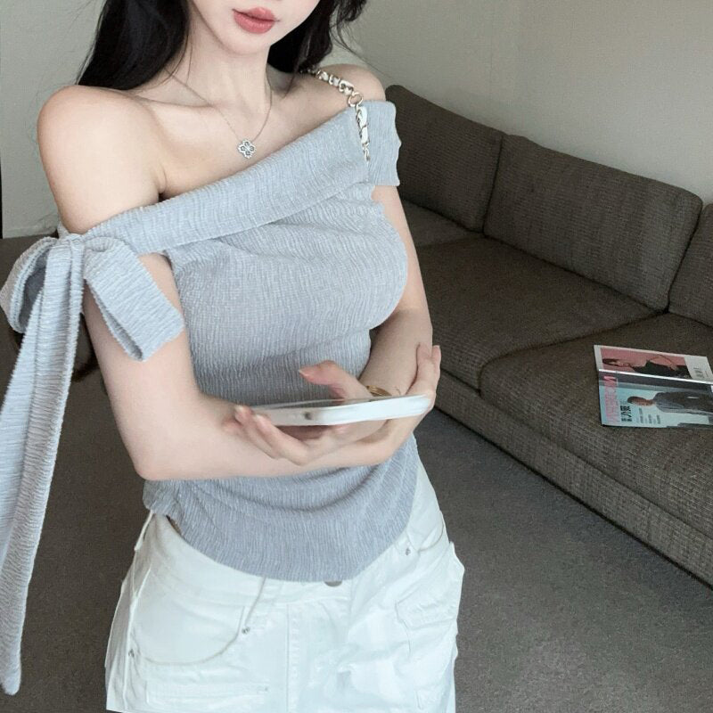 Sexy Off-The-Shoulder Solid-Color Top