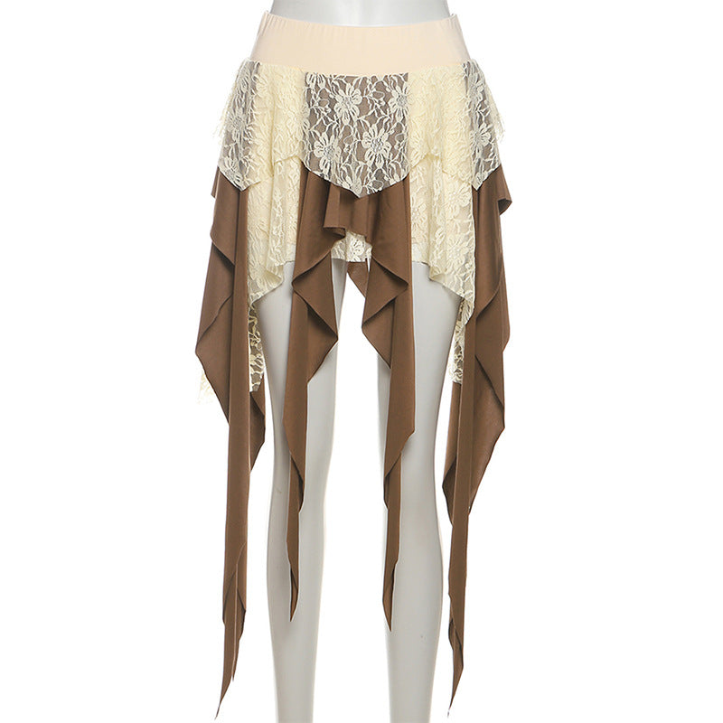 Multi-Layer Lace Patchwork Irregular Tassel Contrasting Color Skirt
