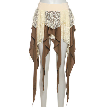 Multi-Layer Lace Patchwork Irregular Tassel Contrasting Color Skirt