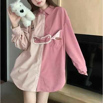 Retro Embroidered Corduroy Color-Blocked Tie Shirt