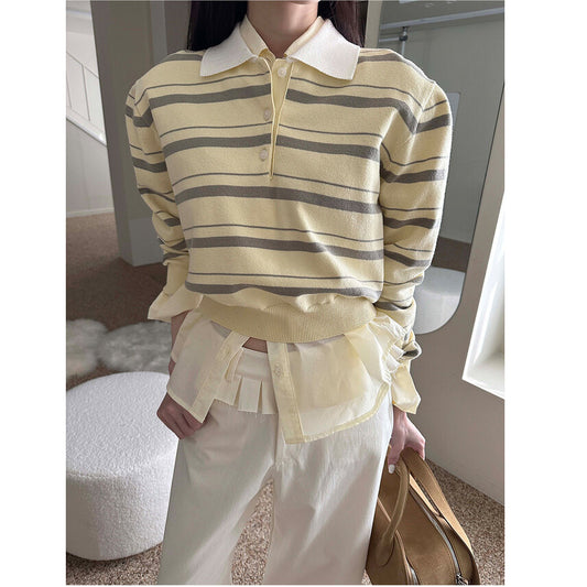 Stylish Color-Blocked Collared Loose Striped Long-Sleeved Knit Sweater