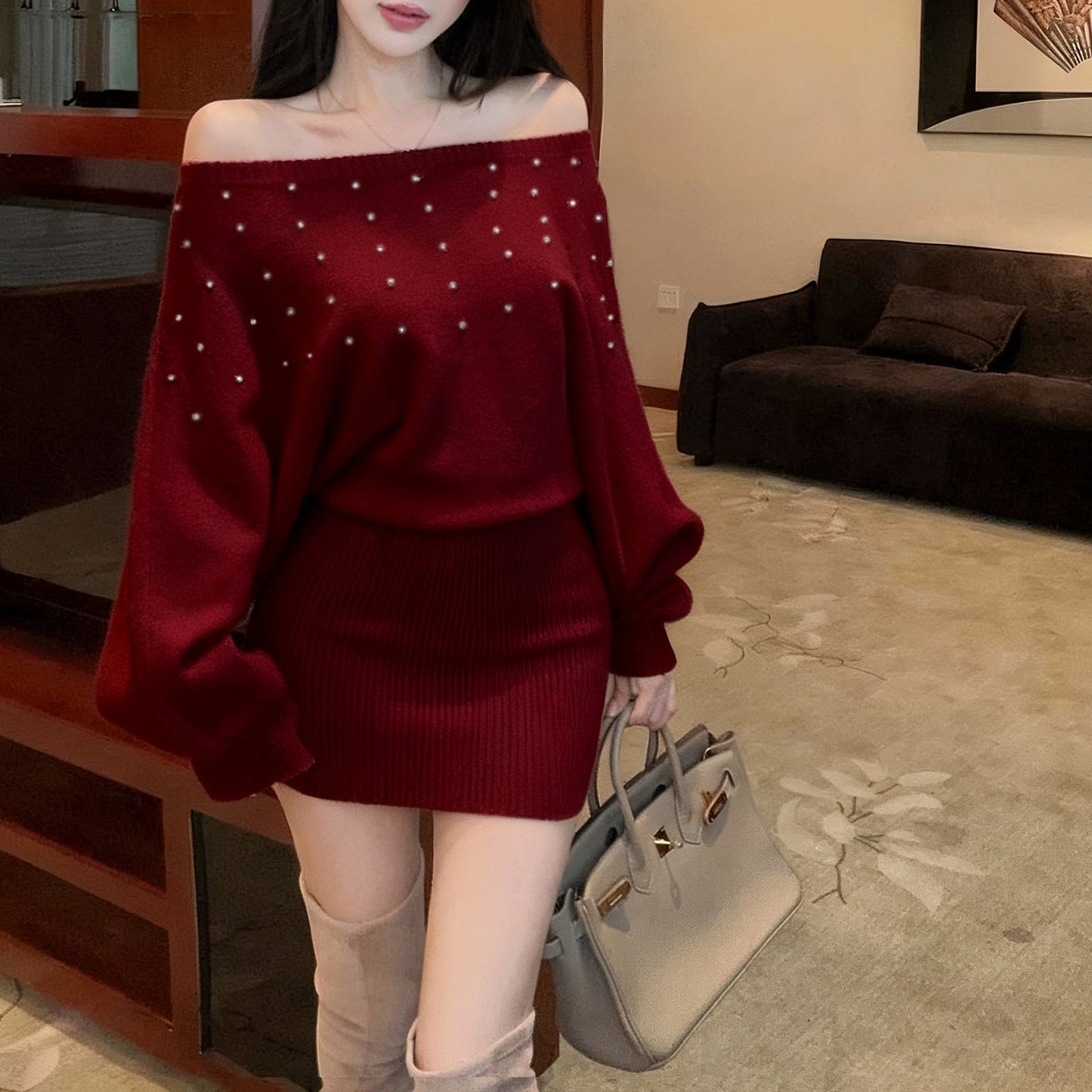 French-Style Sexy Off-Shoulder Rhinestone Knit Dress