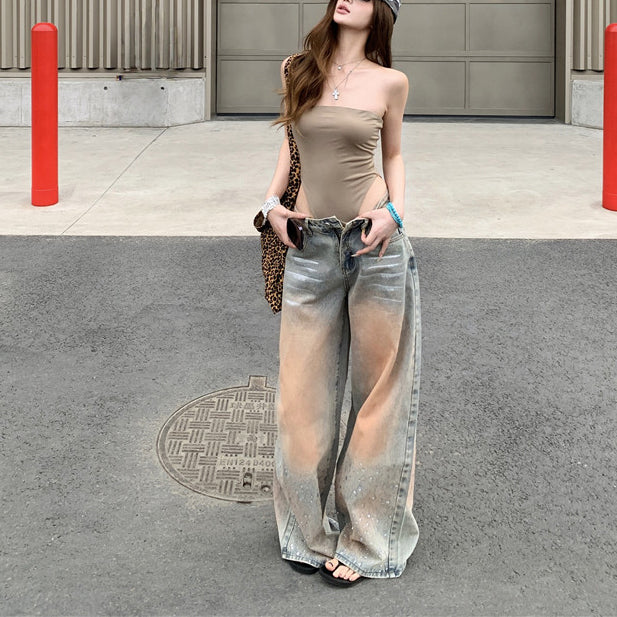 Sexy Strapless Bodysuit And Loose-Fit Jeans Set