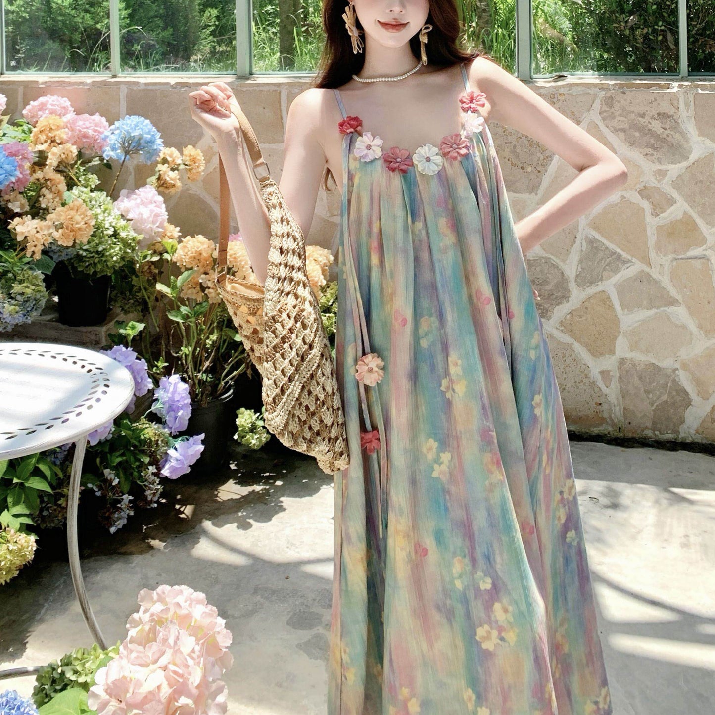Seaside Vacation Oil Painting Bohemian Style Dress