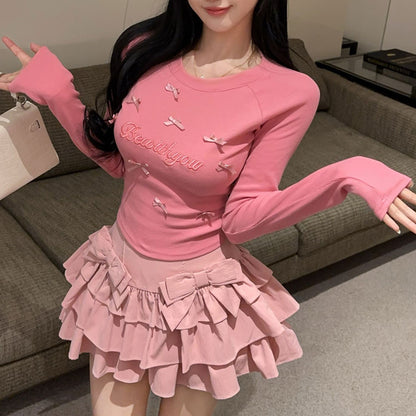 Sweet And Sexy Bow Embroidered Round Neck Long-Sleeved T-Shirt High Waist Skirt Suit