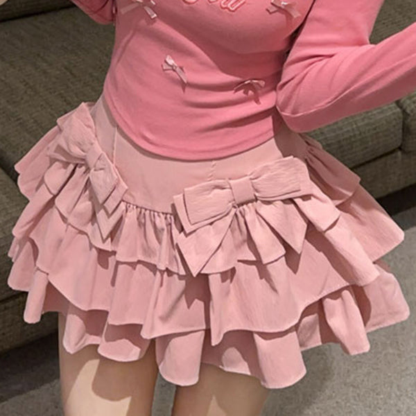 Sweet And Sexy Bow Embroidered Round Neck Long-Sleeved T-Shirt High Waist Skirt Suit