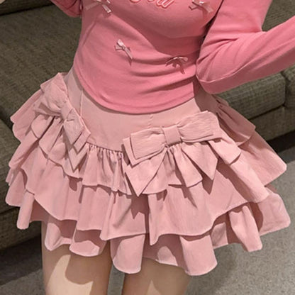 Sweet And Sexy Bow Embroidered Round Neck Long-Sleeved T-Shirt High Waist Skirt Suit