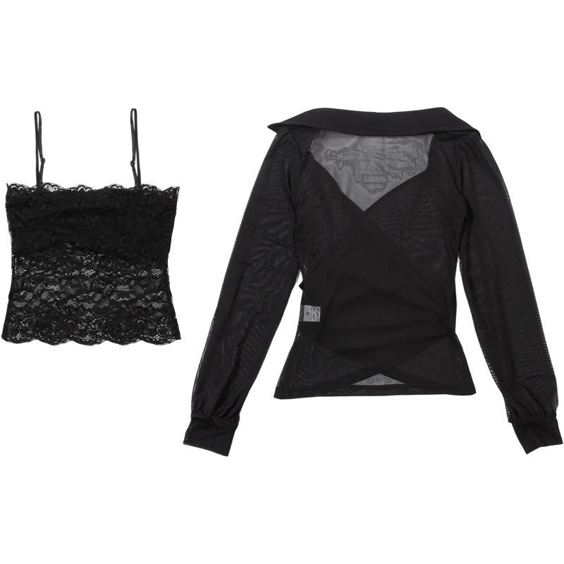 Sexy French Irregular Square Neck Long Top High Waist Slit Skirt Set