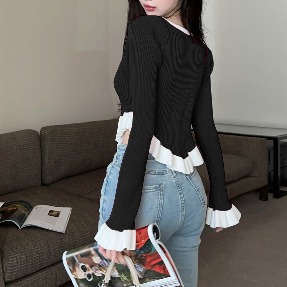 Ruffle Contrast Color Fashionable Sexy Irregular Long-Sleeved Knitted T-Shirt