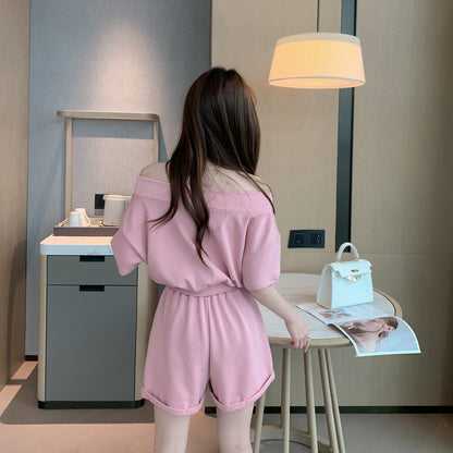 Athleisure-Style Off-Shoulder Printed T-Shirt And Shorts Set