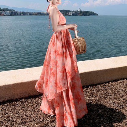 Spaghetti Strap V-Neck Backless Vacation Dress