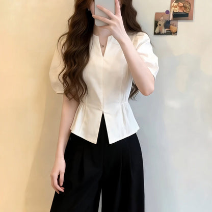 White Puff-Sleeve Short-Sleeve Shirt