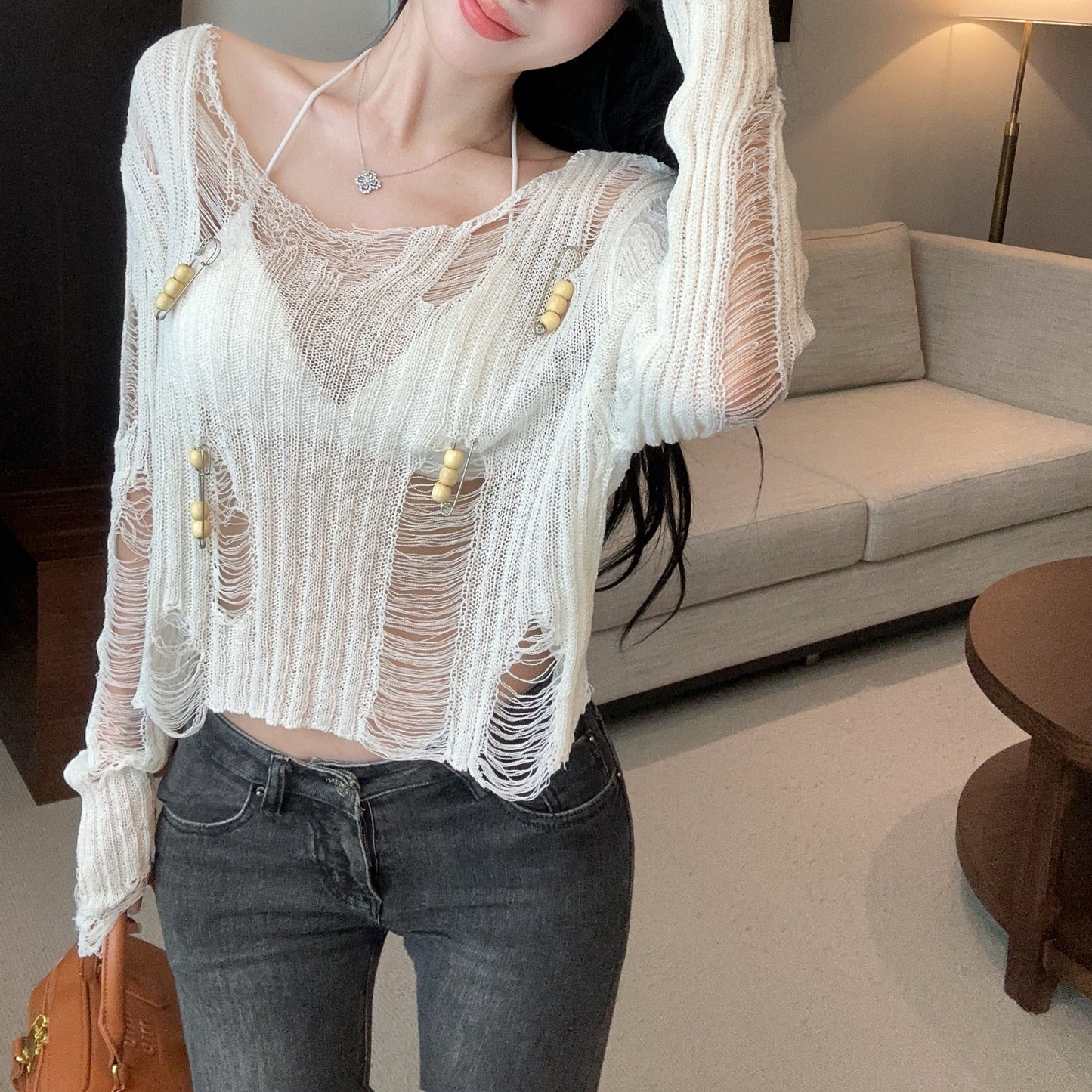 Hollow Loose See-Through Knitted Cardigan Top