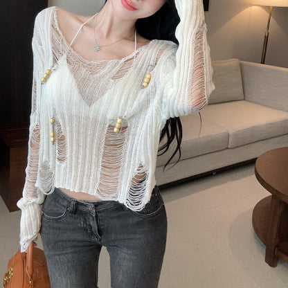 Hollow Loose See-Through Knitted Cardigan Top
