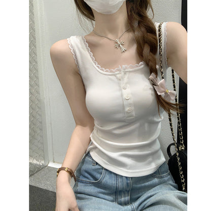 Lace-Paneled Square-Neck Sleeveless Camisole Top