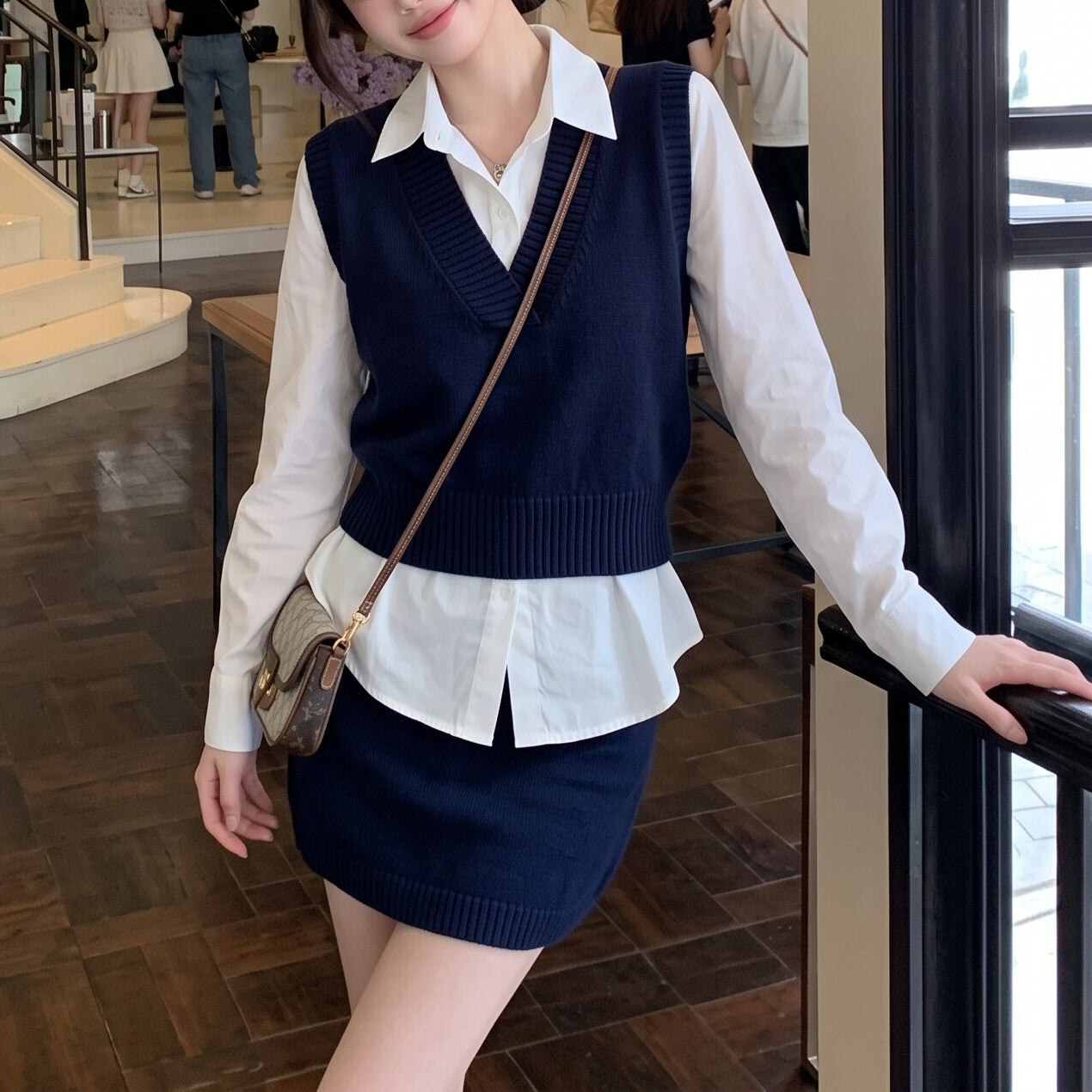 Casual-Chic Three-Piece Set Featuring A Knit Vest And A Mini Skirt