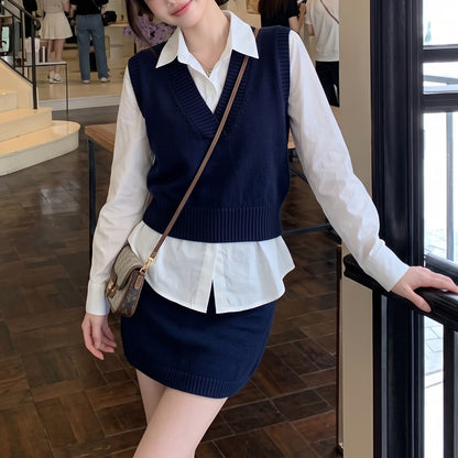 Casual-Chic Three-Piece Set Featuring A Knit Vest And A Mini Skirt