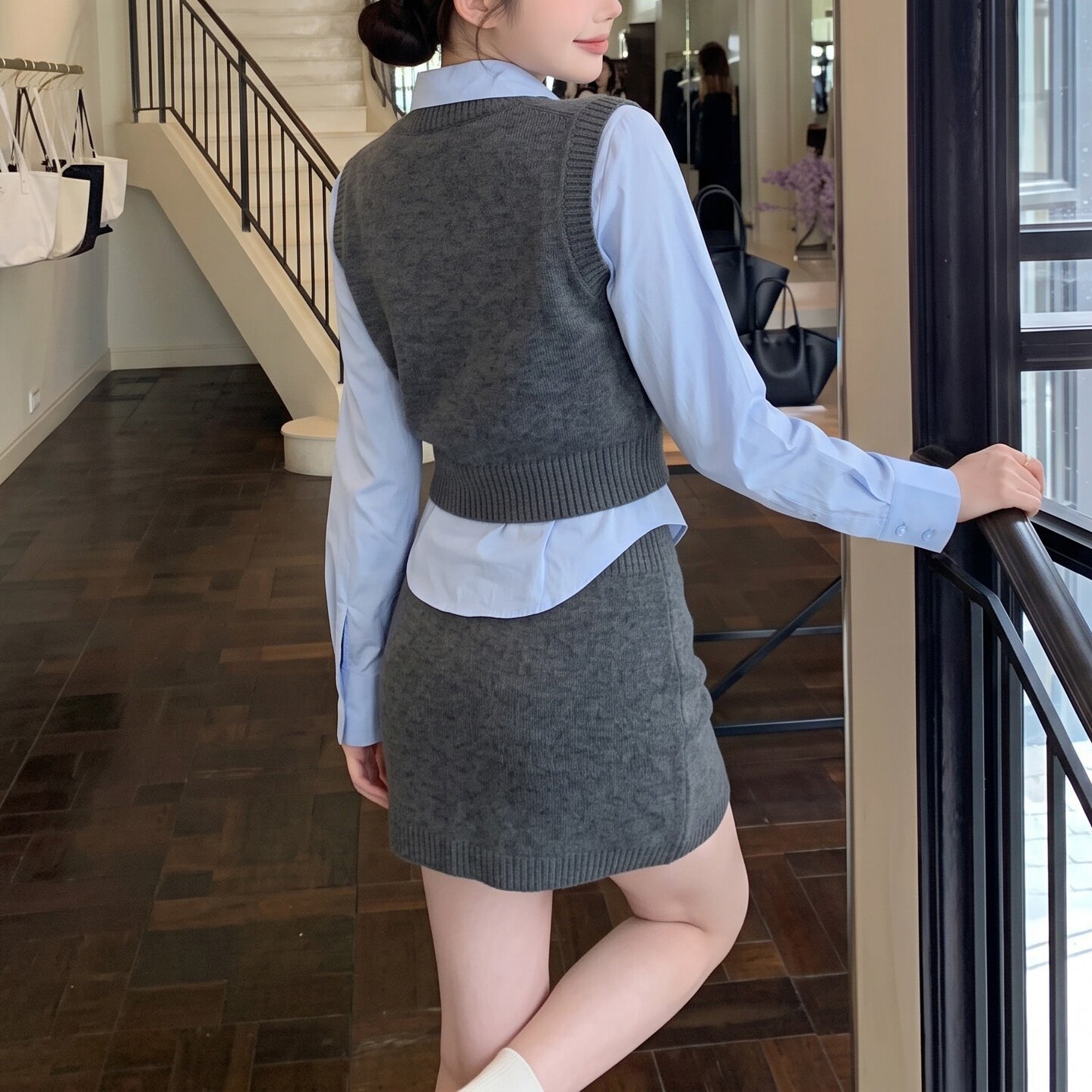 Casual-Chic Three-Piece Set Featuring A Knit Vest And A Mini Skirt