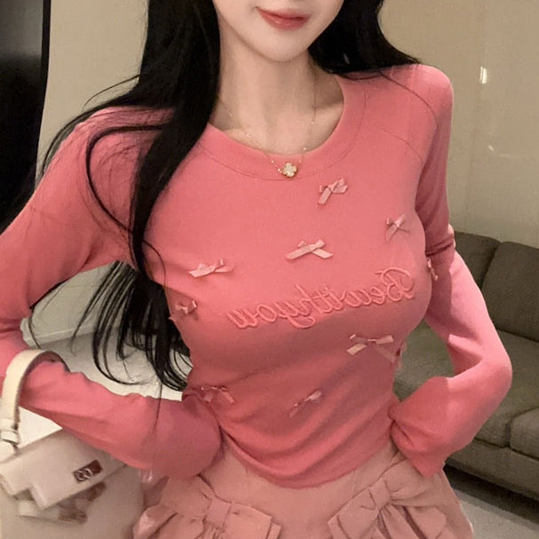 Sweet And Sexy Bow Embroidered Round Neck Long-Sleeved T-Shirt High Waist Skirt Suit