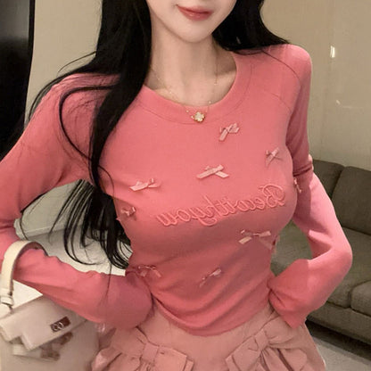 Sweet And Sexy Bow Embroidered Round Neck Long-Sleeved T-Shirt High Waist Skirt Suit