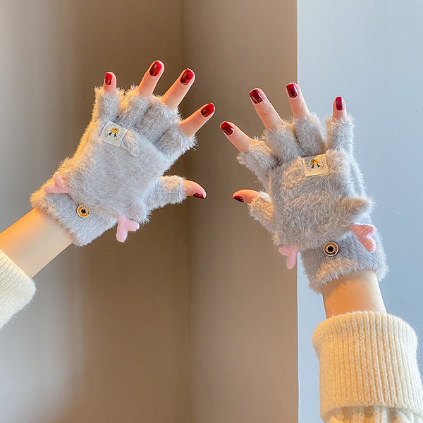 Cute Antlers And Velvet Cold-Proof Flip-Up Half-Finger Gloves