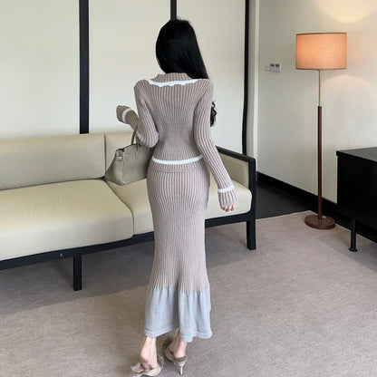 Sexy Color-Block Collared Long-Sleeve Top And High-Waisted Skirt Set