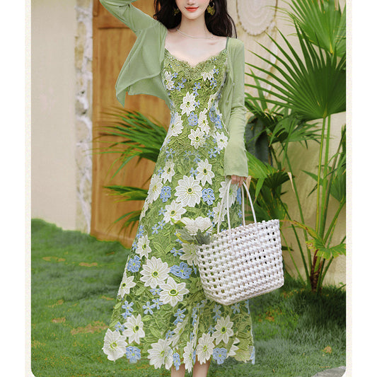 Green Cardigan And Hollow-Out Strap Dress Two-Piece Set