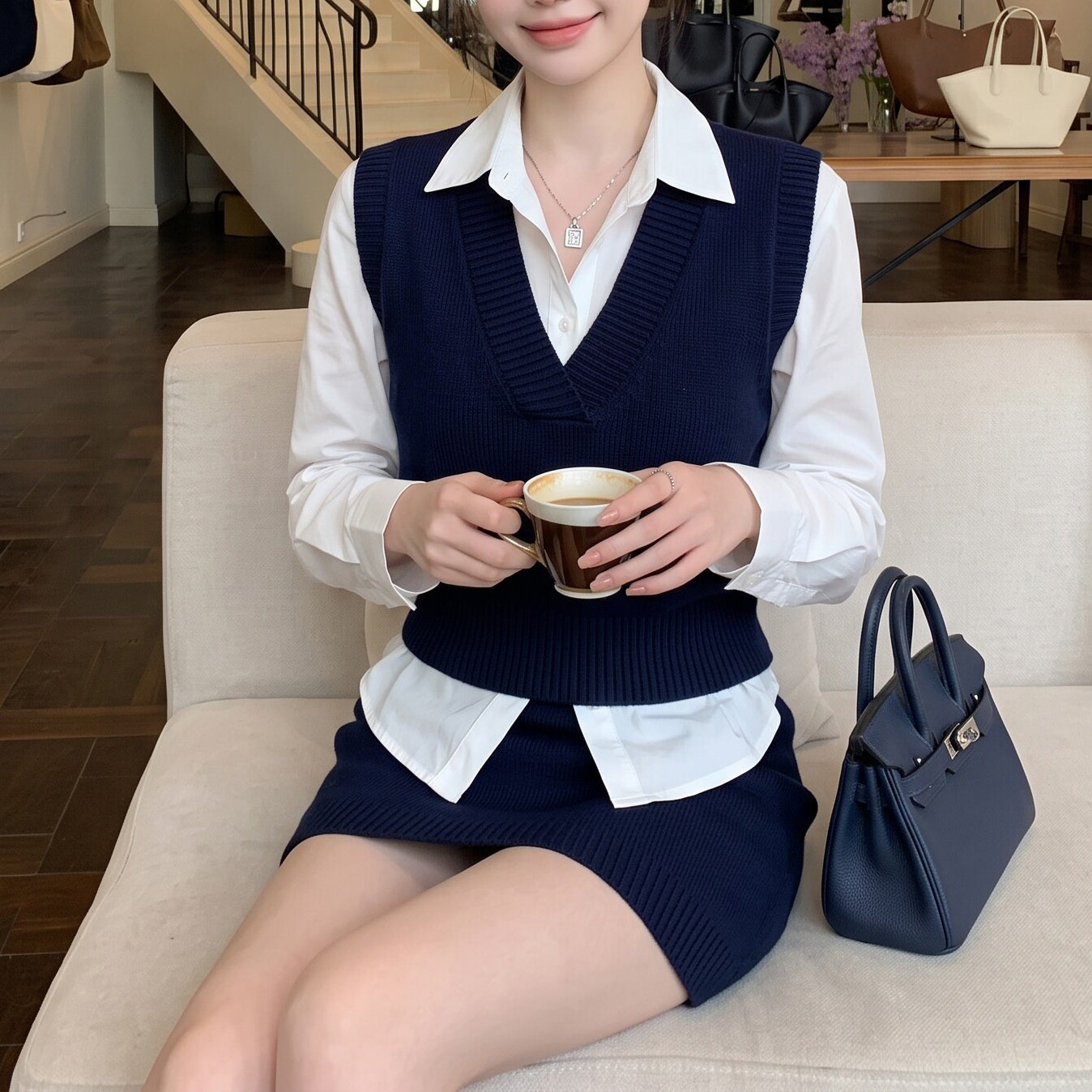 Casual-Chic Three-Piece Set Featuring A Knit Vest And A Mini Skirt