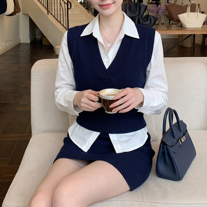 Casual-Chic Three-Piece Set Featuring A Knit Vest And A Mini Skirt