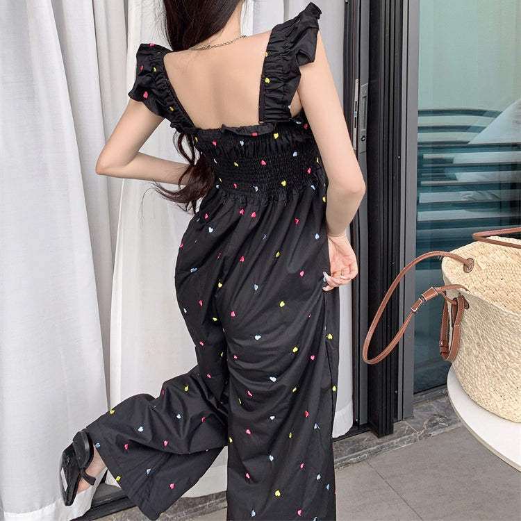 Black sweet polka dot flutter sleeve jumpsuit