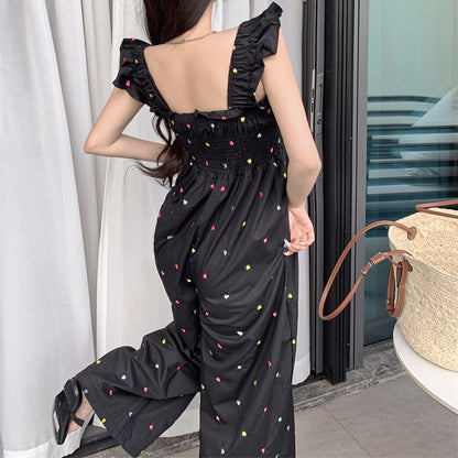 Black sweet polka dot flutter sleeve jumpsuit