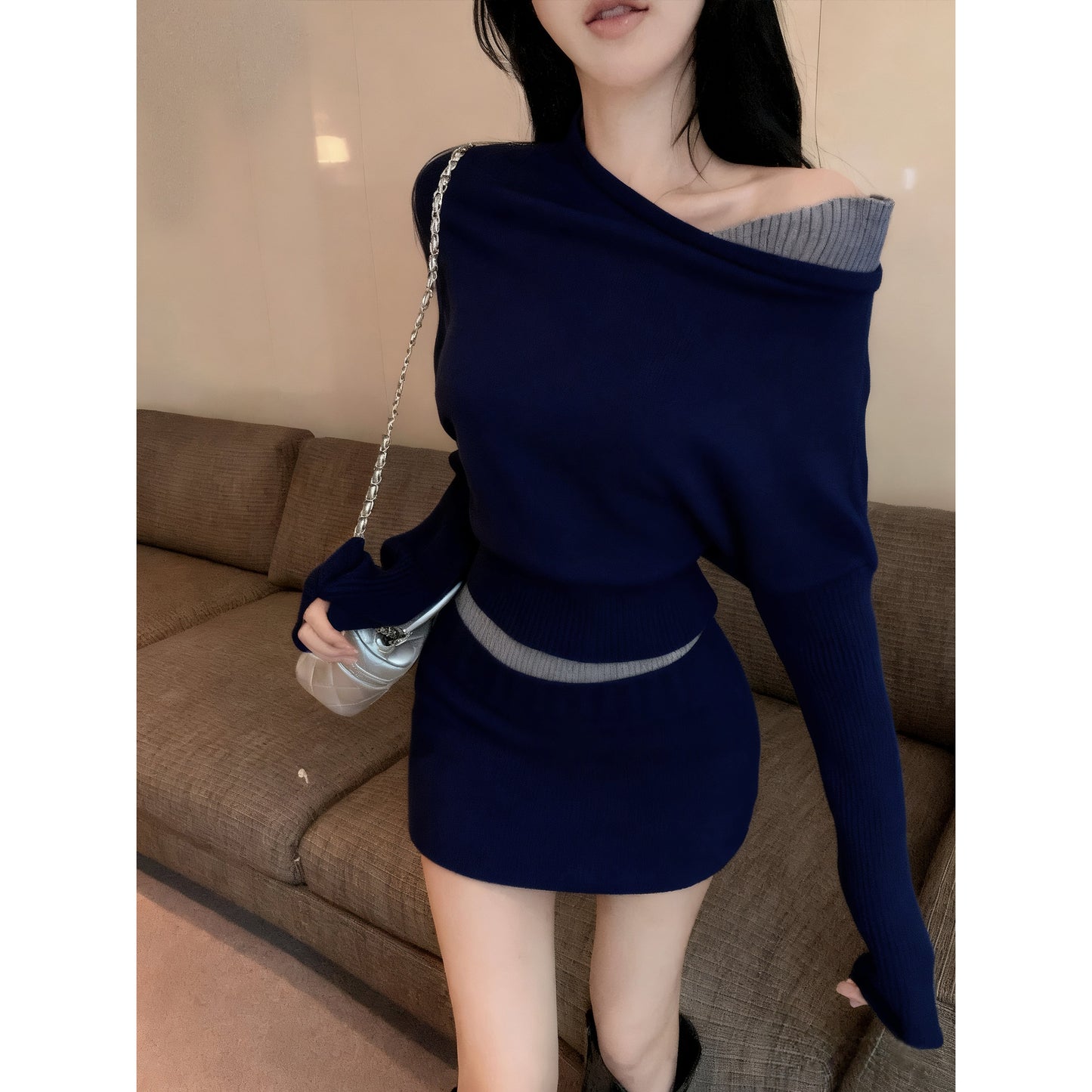 Fake Two-Piece Sexy Contrast Color Off-Shoulder Knitted Sweater Skirt Set