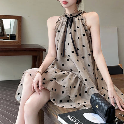 Sweet Polka Dot Ruffle Halter Neck Loose A-Line Dress