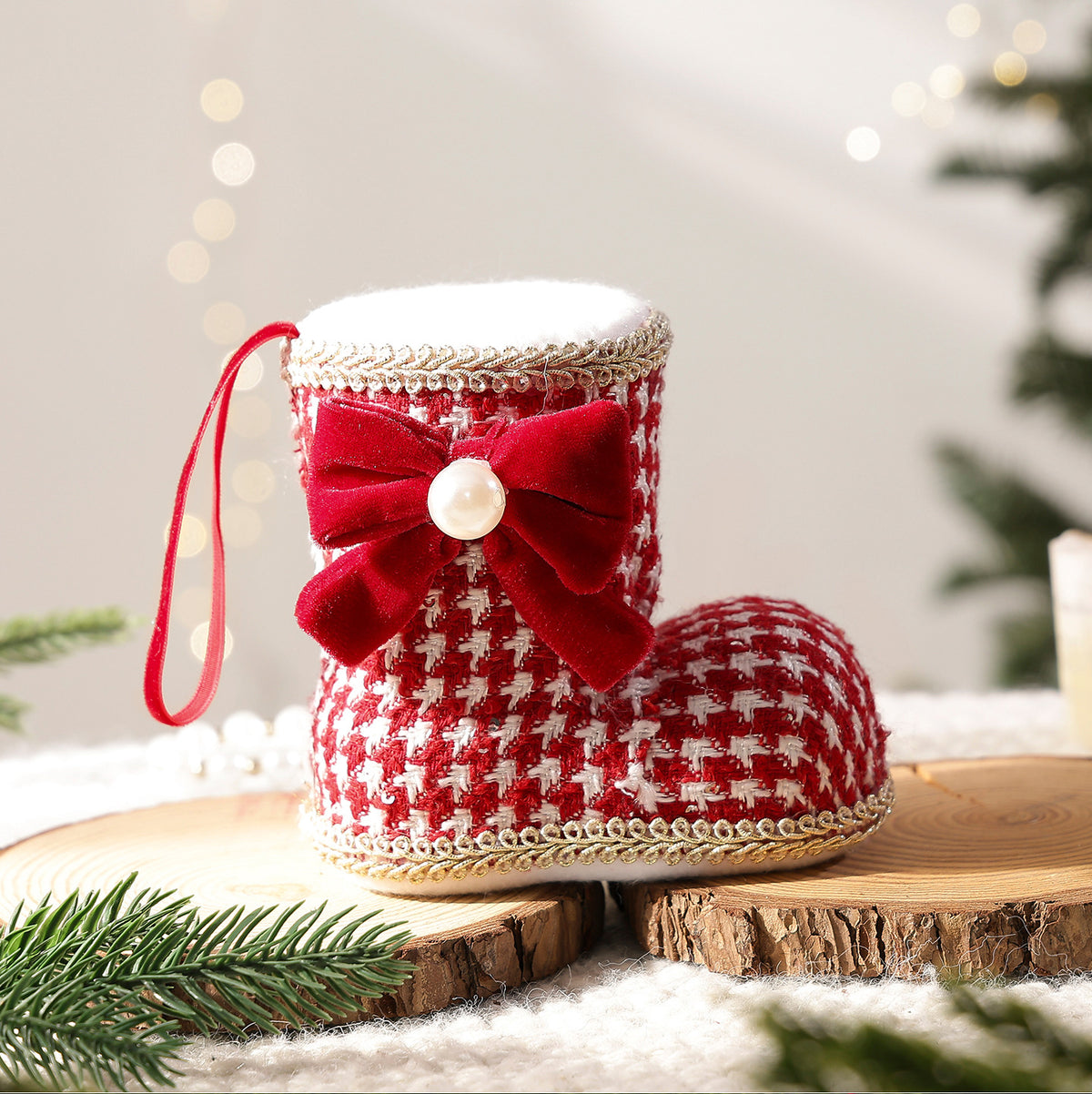 Checkered Bow Christmas Boot Charm