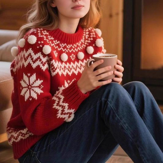 Pom-Pom Color-Blocked Crew Neck Christmas Sweater