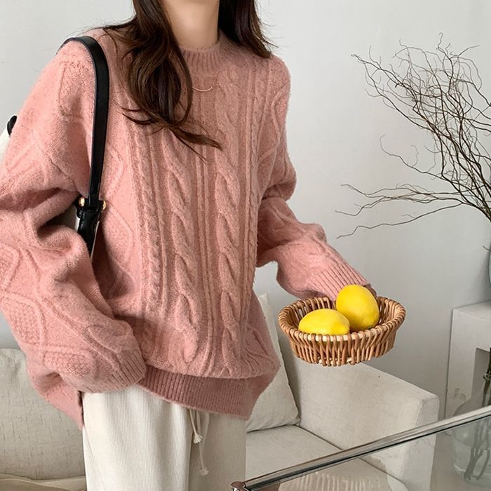 Christmas Red Cable-Knit Crew Neck Pullover Sweater