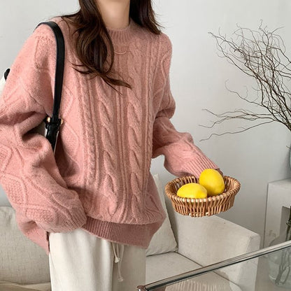 Christmas Red Cable-Knit Crew Neck Pullover Sweater