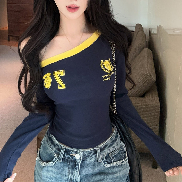 Sexy Color-Block One-Shoulder Long-Sleeve T-Shirt