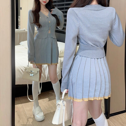 Fashionable And Sexy V-Neck Single-Breasted Knitted Cardigan Top And Skirt Two-Piece Set
