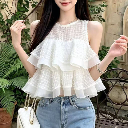 Round-Neck Off-Shoulder Ruffle Tank Top