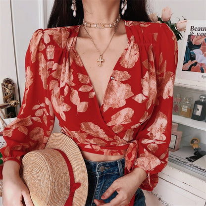 Retro V-Neck Lantern Sleeve Tie-Up Floral Shirt