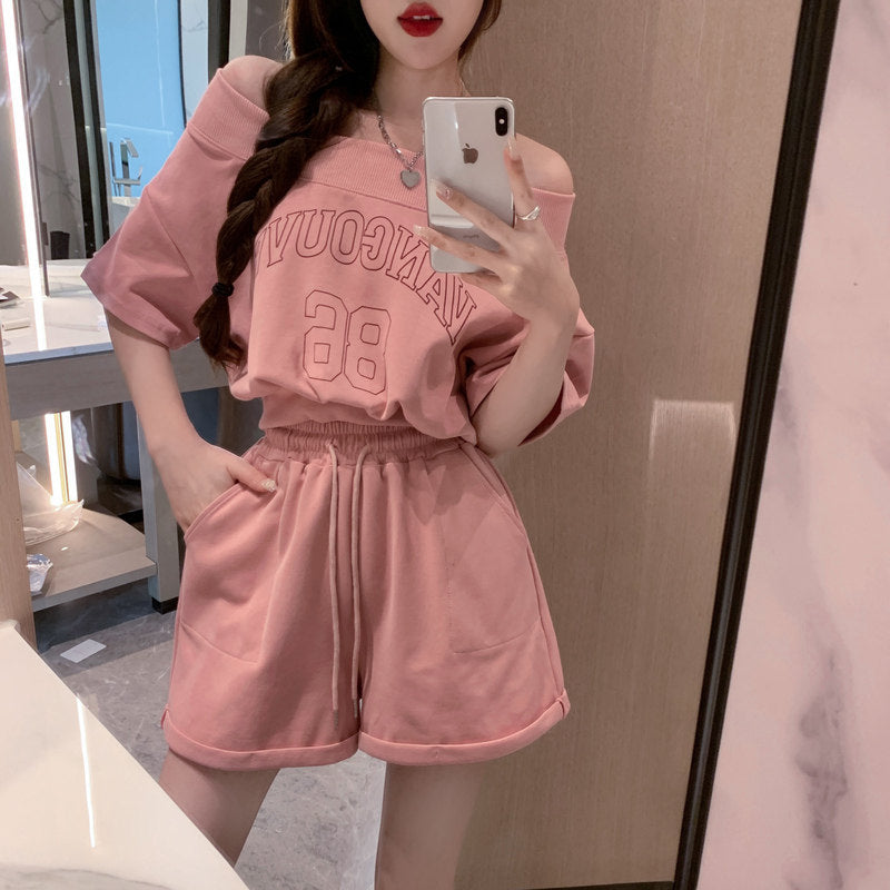 Athleisure-Style Off-Shoulder Printed T-Shirt And Shorts Set
