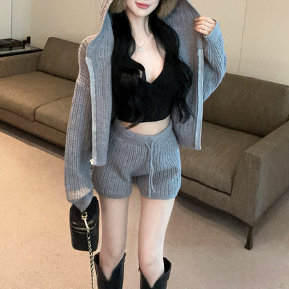Casual Fashion Hooded Loose Long Sleeve Knitted Cardigan Sweater Drawstring Shorts Two-Piece Set