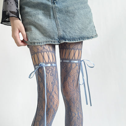 Retro Hollow Lace Bow Tie Fishnet Stockings